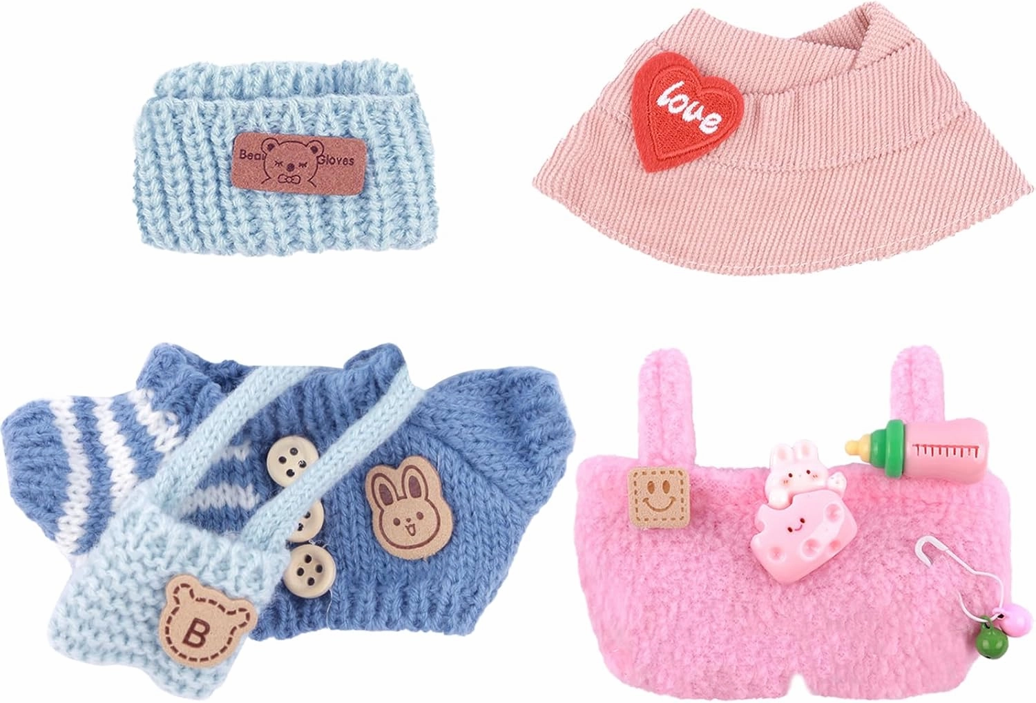 2 Sets of Clothes for Doll, 5 Pcs Accessories for Doll 6.7in/17cm Outfits Knit Hat T-Shirt Bag, Doll Sun Hat Bib Pants