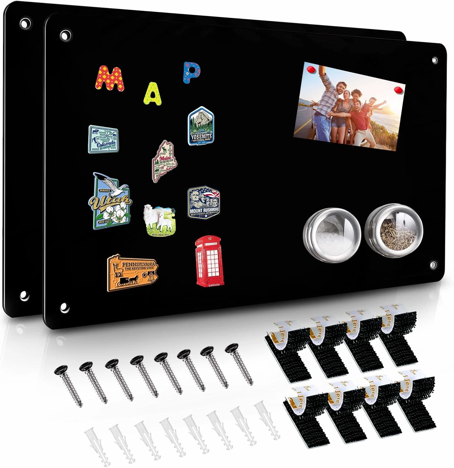 2Pack Black Magnetic Board,17.5" x 11.4" Magnet Bulletin Board to Display Magnetic Notes, Poetry, Photos, Suitable for Wall, Refrigerator, Cabinet etc, Come with 8 Pcs Dual Lock Tape and Screws