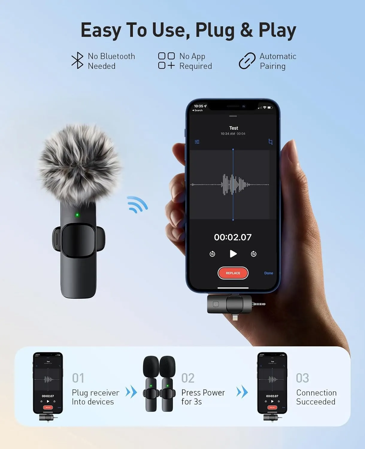 3-in-1 Mini Microphone for iPhone: Wireless Lavalier Microphones for iOS/Android Devices/Camera - Noise Reduction Lapel Mic - Clip on Mic for Video Recording Vlog/YouTube/Interview
