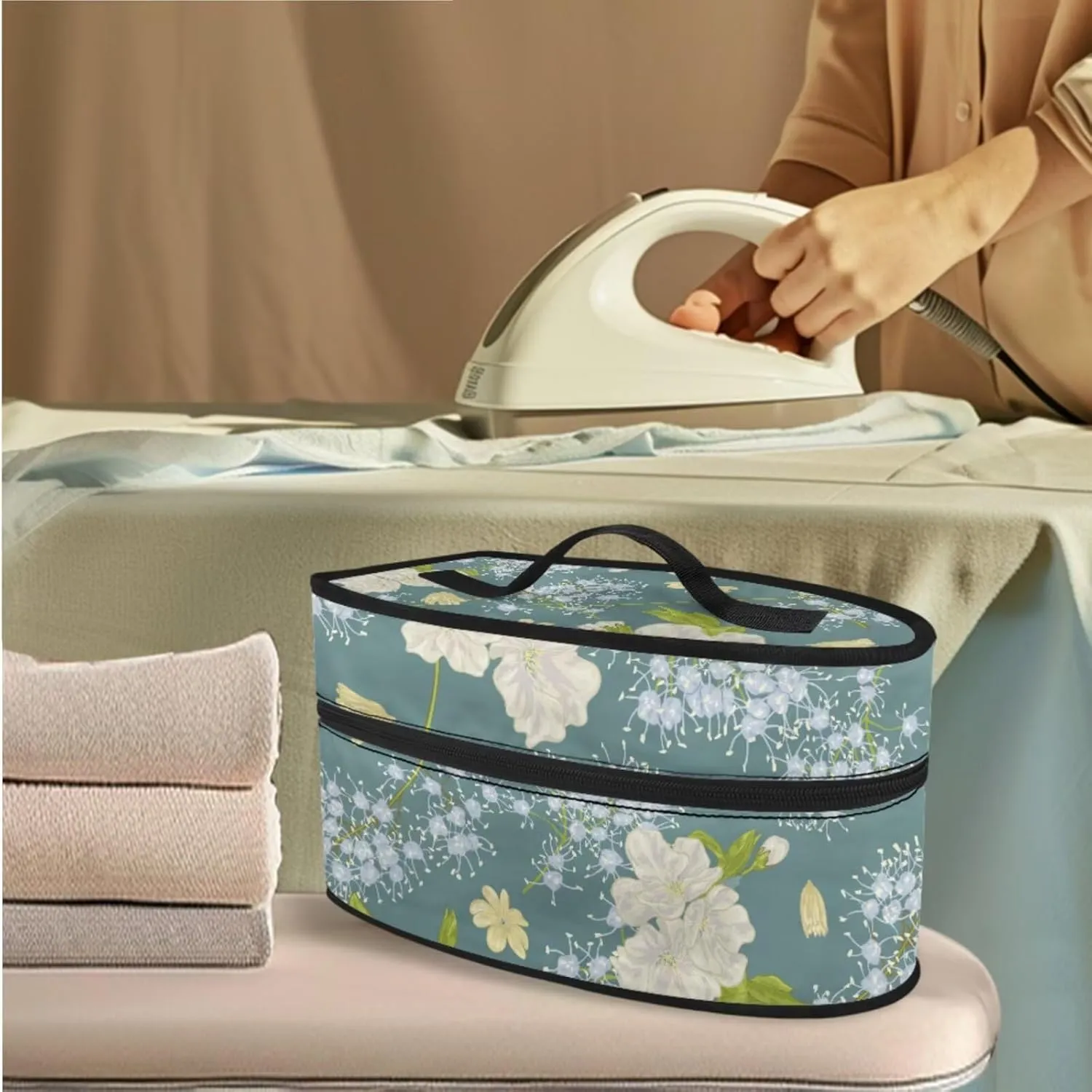 3-Strap Ironing Board Cover & Iron Carry Bag Set - Dandelion White Flower Print Scorch Resistant Protective Cover   Durable Zippered Storage Case with Handle for Full-Size Irons 17x49