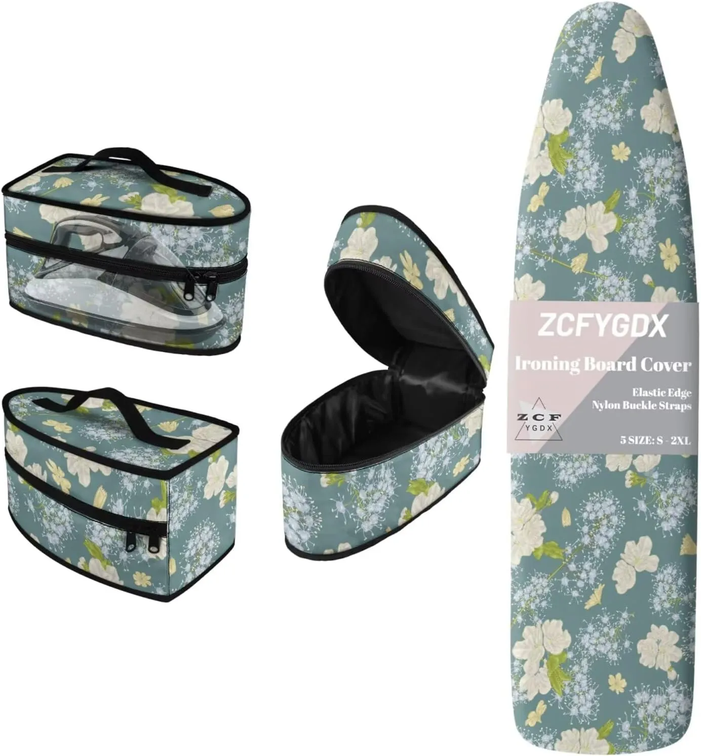 3-Strap Ironing Board Cover & Iron Carry Bag Set - Dandelion White Flower Print Scorch Resistant Protective Cover   Durable Zippered Storage Case with Handle for Full-Size Irons 17x49