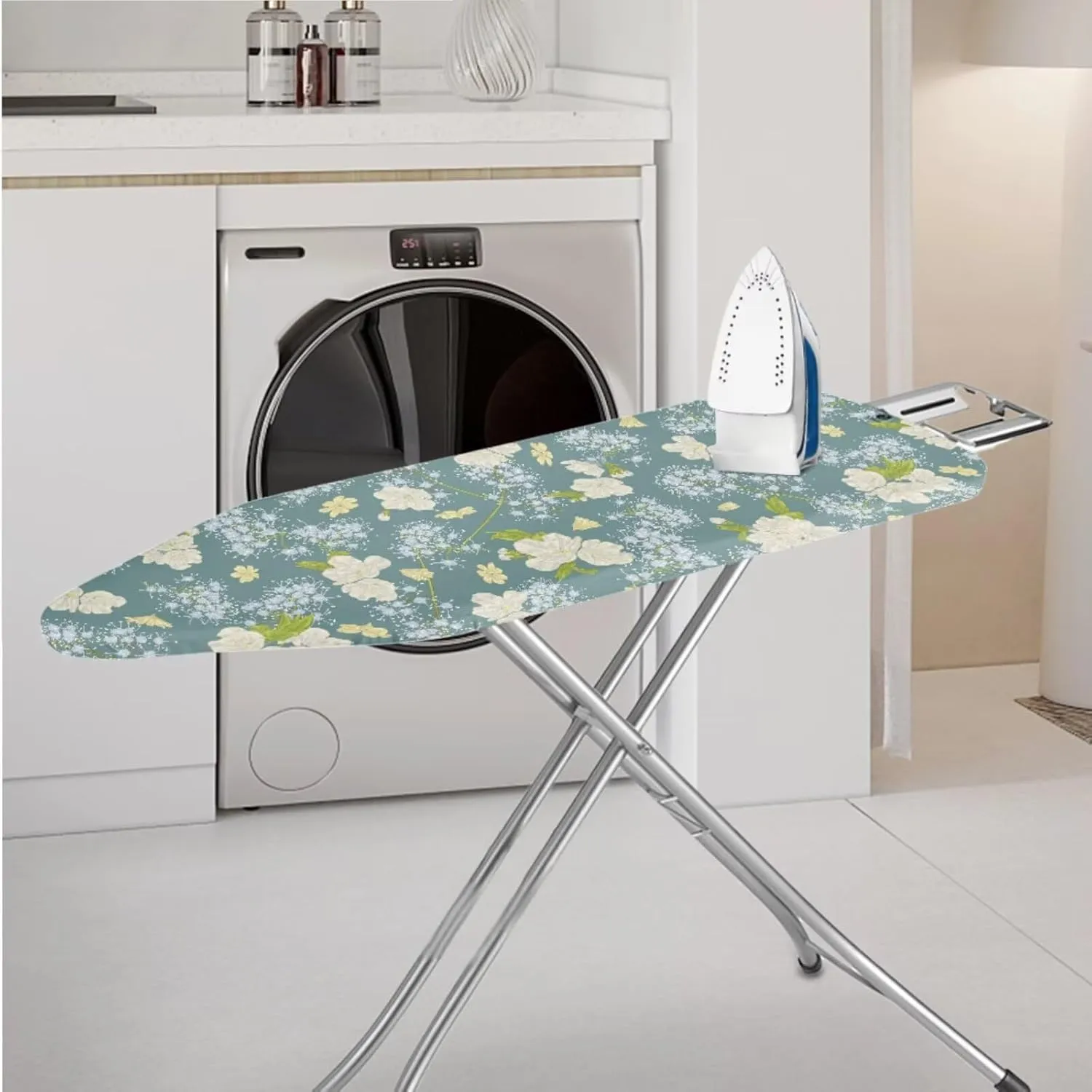 3-Strap Ironing Board Cover & Iron Carry Bag Set - Dandelion White Flower Print Scorch Resistant Protective Cover   Durable Zippered Storage Case with Handle for Full-Size Irons 17x49