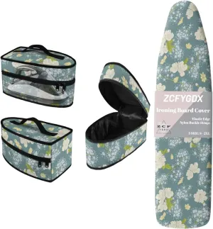 3-Strap Ironing Board Cover & Iron Carry Bag Set - Dandelion White Flower Print Scorch Resistant Protective Cover   Durable Zippered Storage Case with Handle for Full-Size Irons 17x49