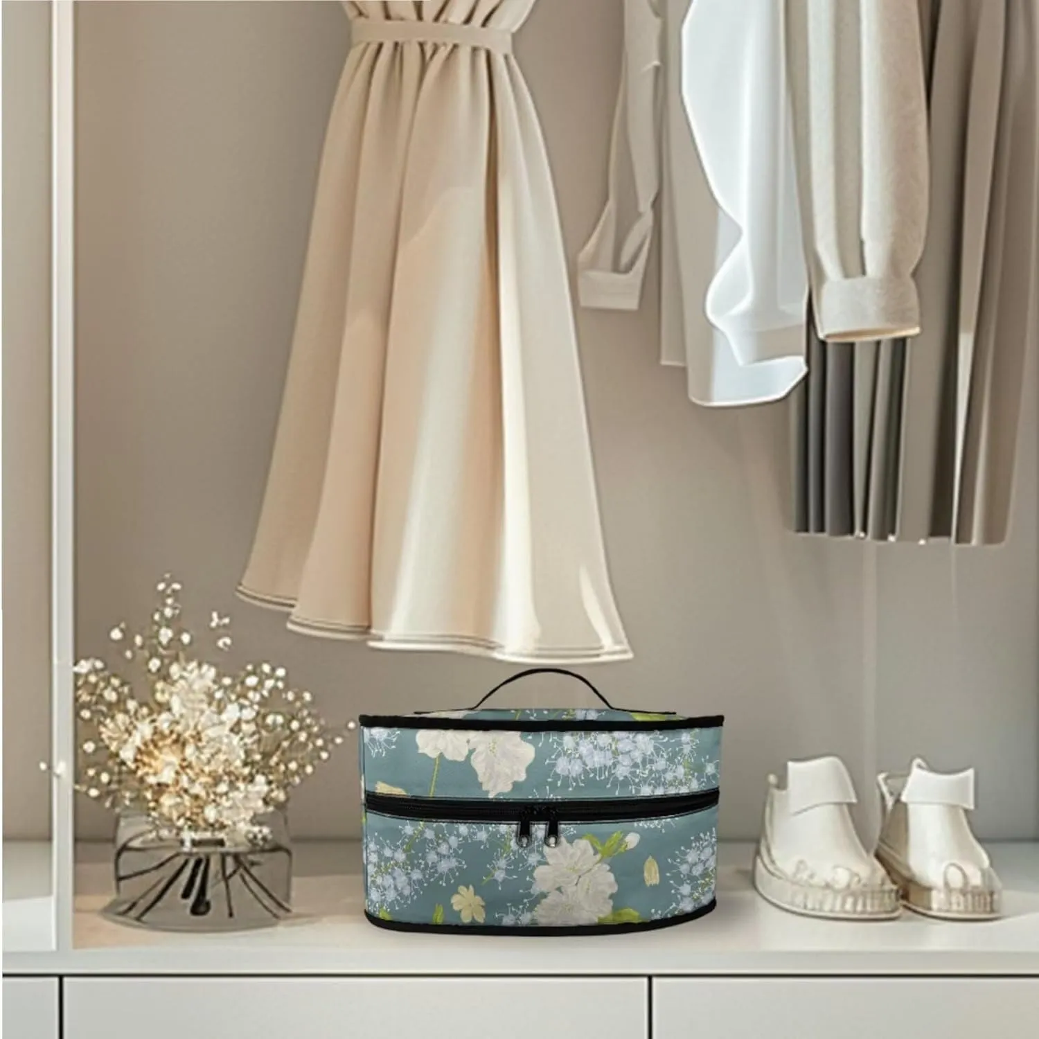 3-Strap Ironing Board Cover & Iron Carry Bag Set - Dandelion White Flower Print Scorch Resistant Protective Cover   Durable Zippered Storage Case with Handle for Full-Size Irons 17x49