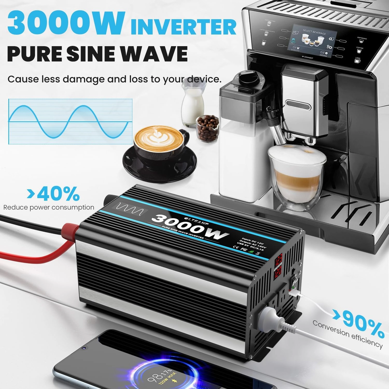 3000W Power Inverter Pure Sine Wave Inverter 12V DC to 110V AC Car Inverter with USB Ports,3 AC Outlets, LCD Display, Remote Controller for Car, Truck, Home, Vehicles, Boat, Power Outage