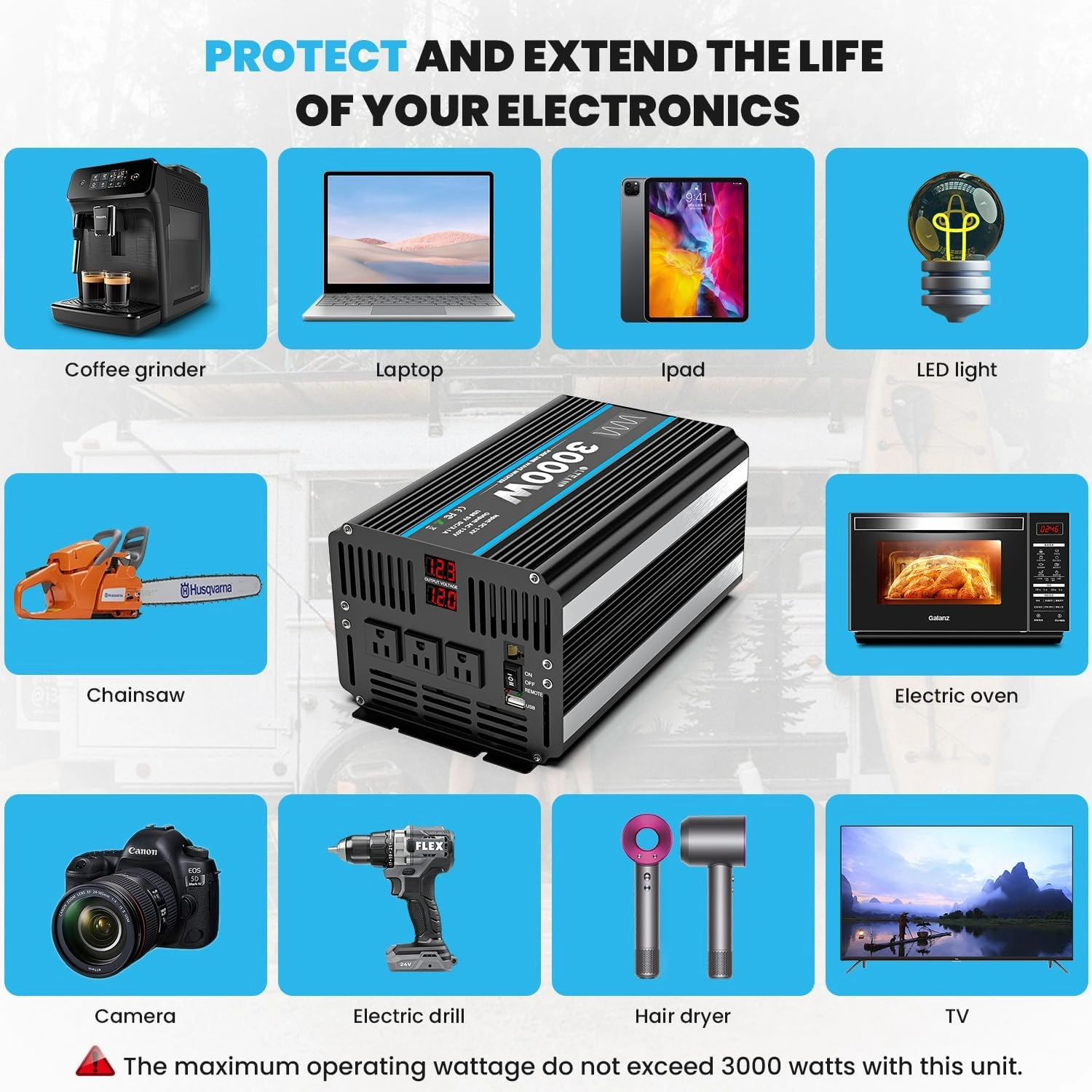 3000W Power Inverter Pure Sine Wave Inverter 12V DC to 110V AC Car Inverter with USB Ports,3 AC Outlets, LCD Display, Remote Controller for Car, Truck, Home, Vehicles, Boat, Power Outage