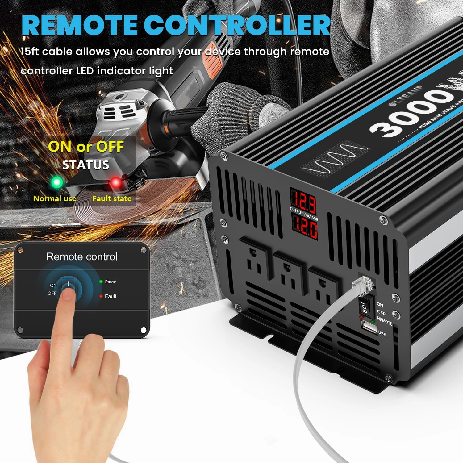 3000W Power Inverter Pure Sine Wave Inverter 12V DC to 110V AC Car Inverter with USB Ports,3 AC Outlets, LCD Display, Remote Controller for Car, Truck, Home, Vehicles, Boat, Power Outage