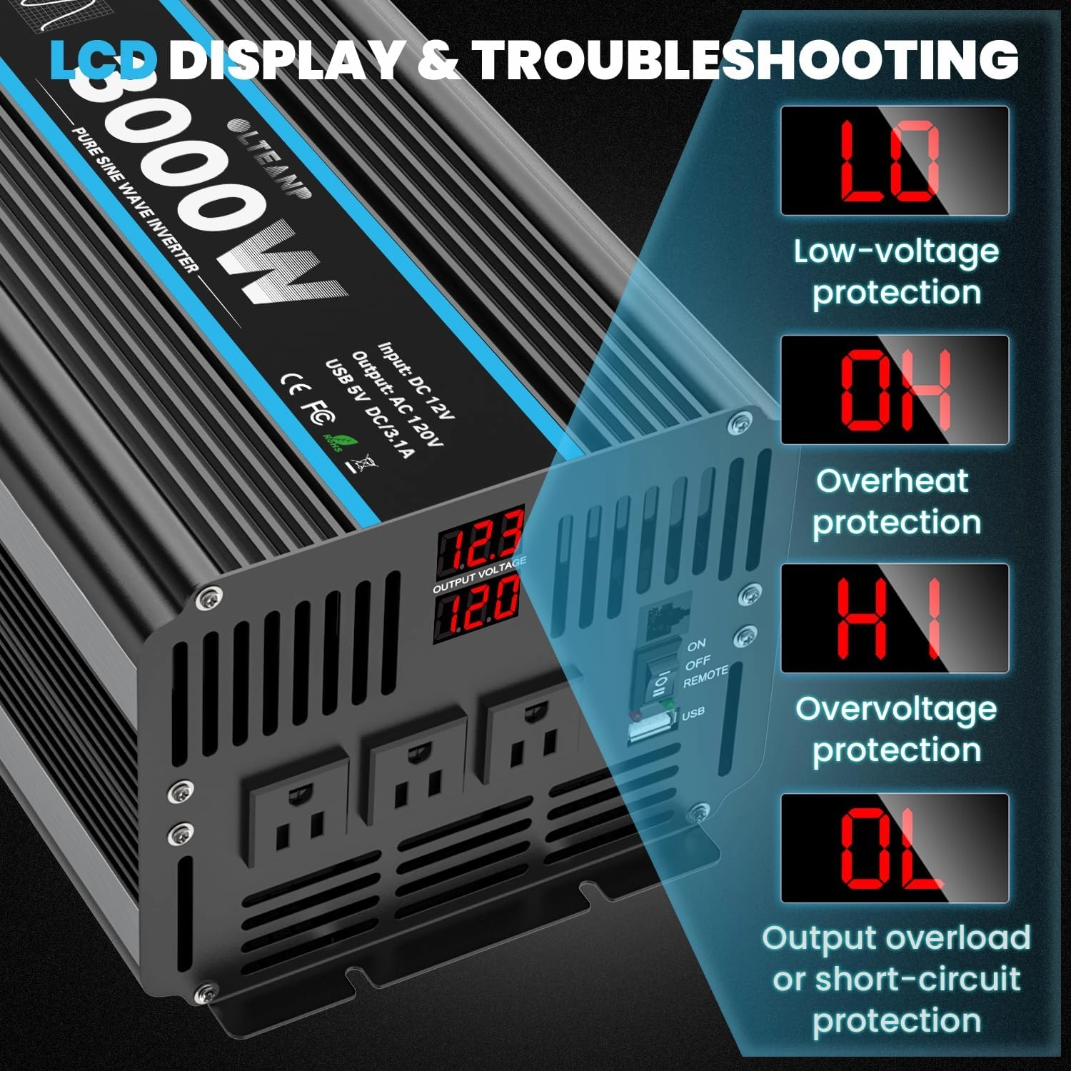 3000W Power Inverter Pure Sine Wave Inverter 12V DC to 110V AC Car Inverter with USB Ports,3 AC Outlets, LCD Display, Remote Controller for Car, Truck, Home, Vehicles, Boat, Power Outage