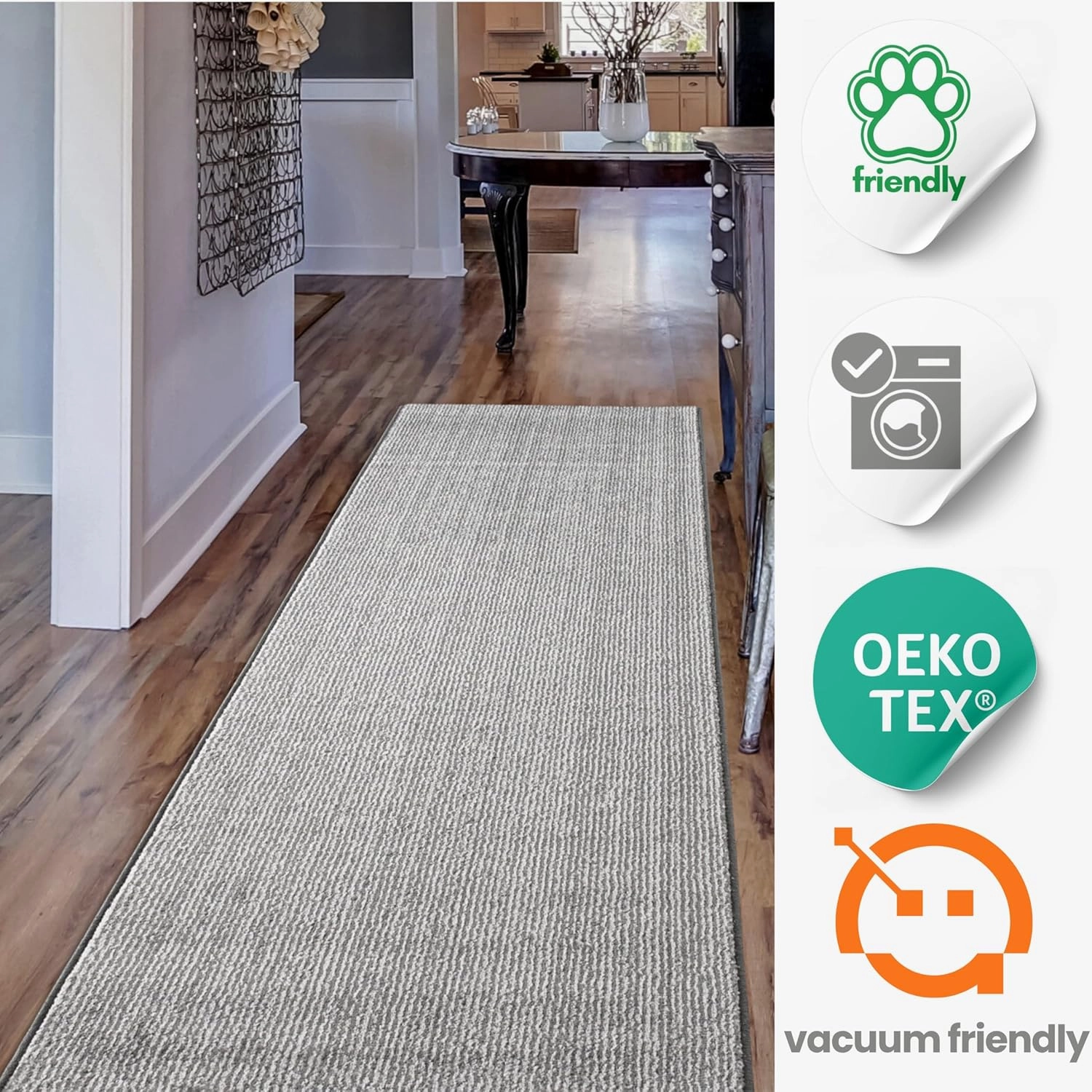 35ft Custom Size Runner Rug by The Foot for Extra Long Hallways - Striped Grey | Non-Slip & Washable | No-Fray Edge Finished