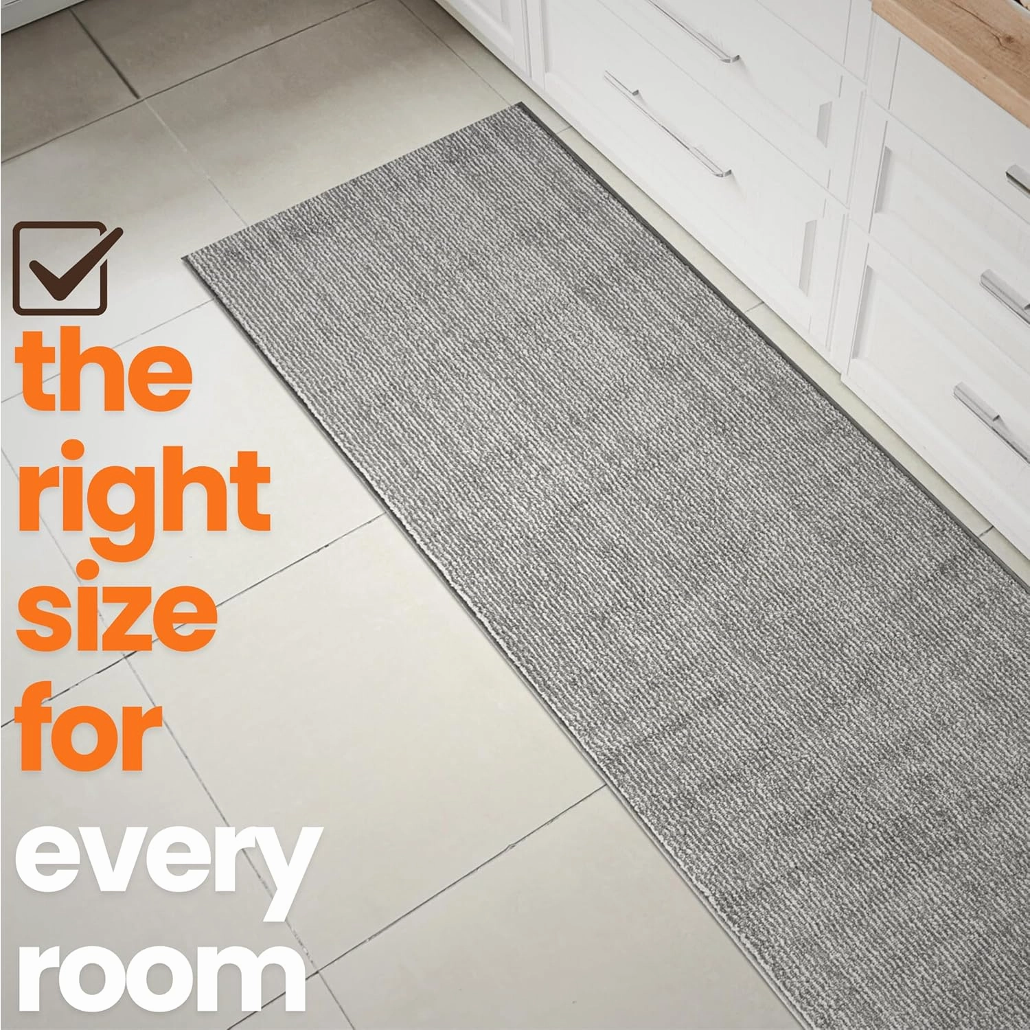 35ft Custom Size Runner Rug by The Foot for Extra Long Hallways - Striped Grey | Non-Slip & Washable | No-Fray Edge Finished