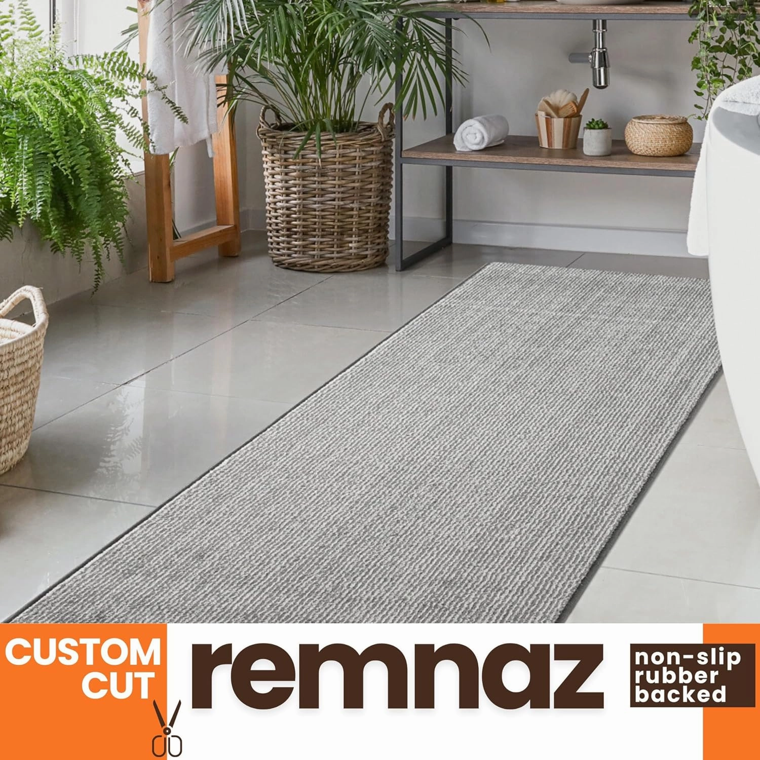 35ft Custom Size Runner Rug by The Foot for Extra Long Hallways - Striped Grey | Non-Slip & Washable | No-Fray Edge Finished