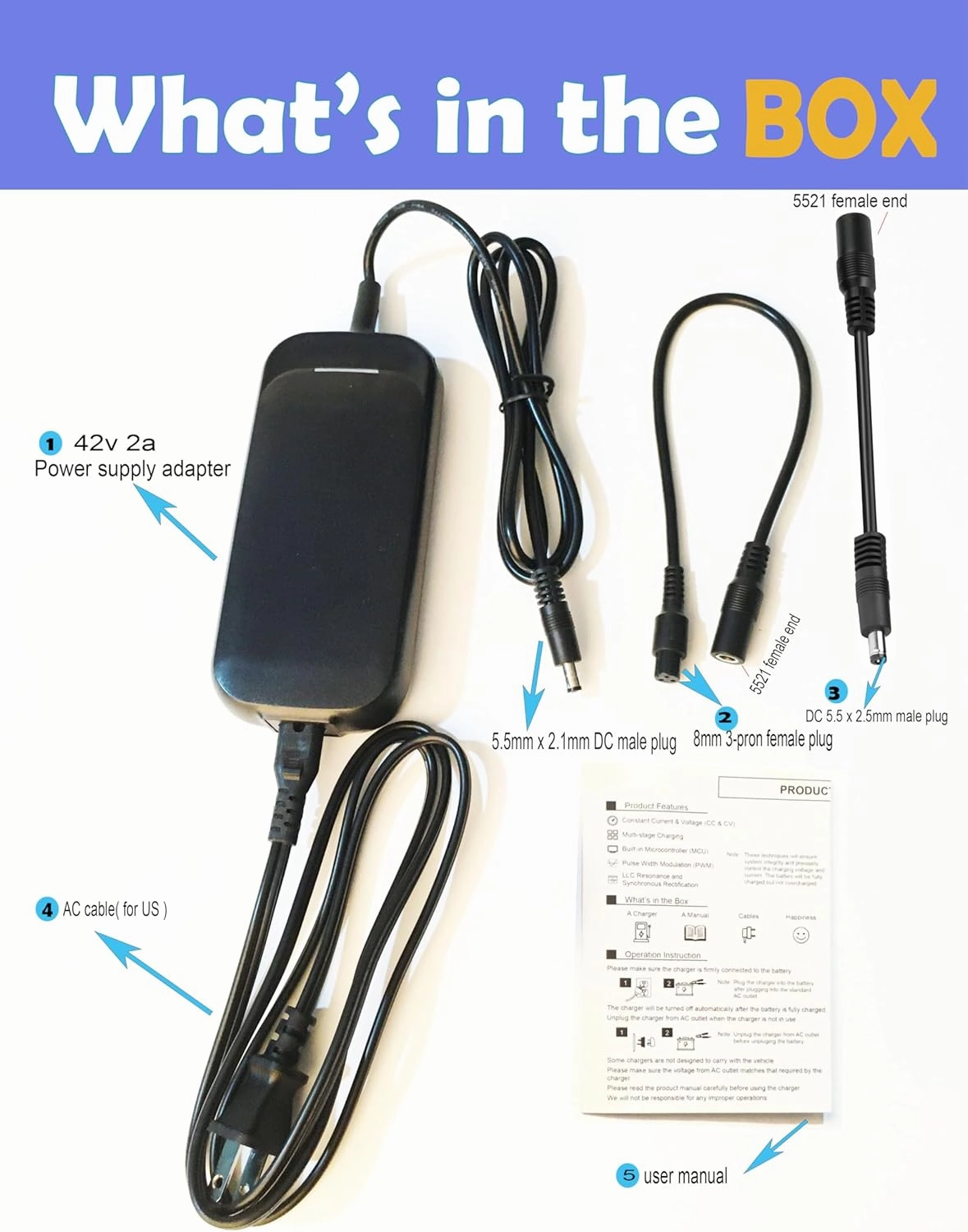 36V 2A Battery Charger with 3 Plugs 2.1mm 2.5mm DC Plug and 8mm 3-Prong Female Connector for Lithium Battery, 42V Fast Smart Power Adapter Replacement for All Brands’ 36 Volt Device