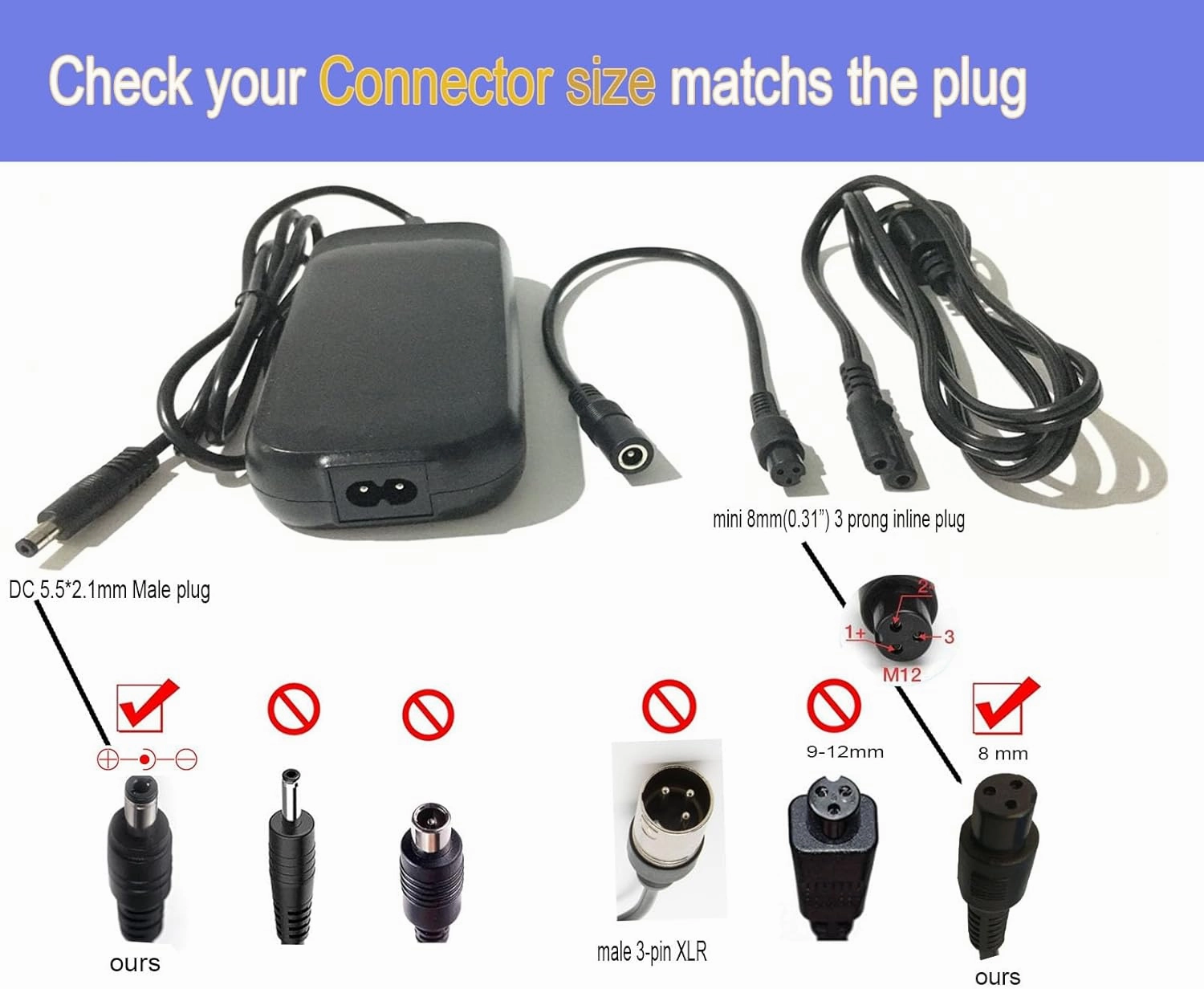 36V 2A Battery Charger with 3 Plugs 2.1mm 2.5mm DC Plug and 8mm 3-Prong Female Connector for Lithium Battery, 42V Fast Smart Power Adapter Replacement for All Brands’ 36 Volt Device