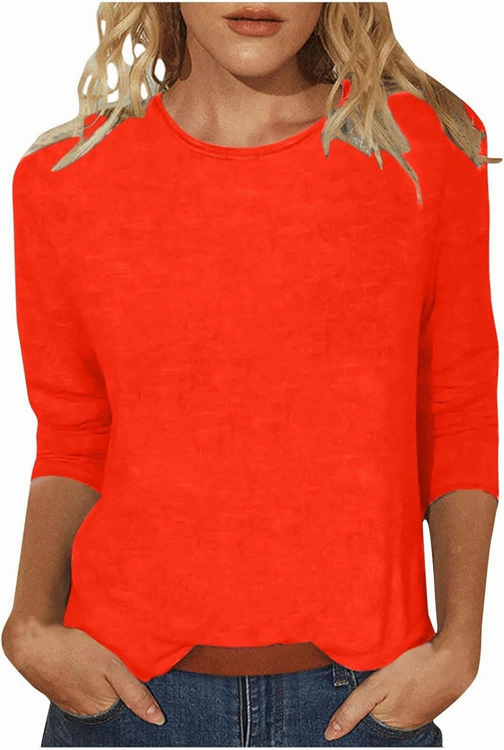 3/4 Length Sleeve Tops for Women Casual Loose Fit Crewneck T Shirts Cute Solid Plus Size Spring Fashion Tops 2025