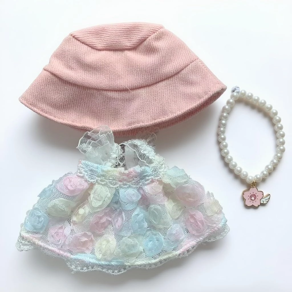3-Piece Set – Clothes for 17cm Dolls Doll Dress Set with Hat Necklace and Dress – 3-Piece Outfit Cute and Fashionable Clothes for Dolls – Accessories Only, No Doll Included