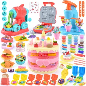 4 in 1 Color Dough Set Kitchen Creations with Ice Cream/Cake/Noodle/Hamburger Maker Machine, Arts Crafts Play Food Toys Tools Kit for Boys Girls Kids Toddlers Ages 3  , 24 Dough
