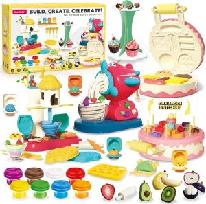 4 in 1 Playdough Sets for Kids Age 4-8 3-5, Playdough Toys with Playdough Ice Cream Set, 2in1 Cake & Hamburger Maker, Noodle Maker & Play Dough Kitchen Kits for Boys Girls, Birthday Gifts