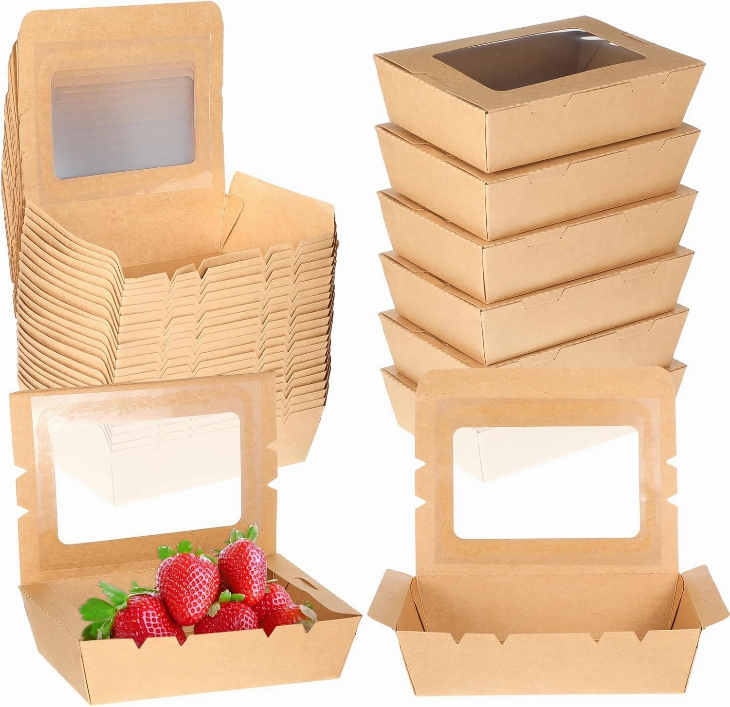50 Pack Take Out Food Containers Kraft Brown, 40 Oz Disposable To Go Box Containers With Window, Microwaveable Lunch Meal Box Food Boxes Leak Resistant, For Restaurant, Party, Concession Stand, Picnic