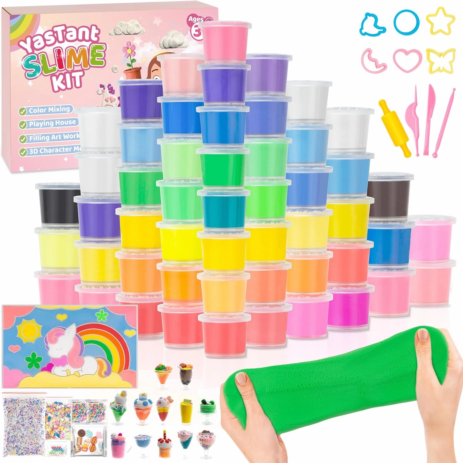 56 Pack Butter Slime Kit for Girls and Boys Ages 3-12, Non Sticky Kids Slime Kits 3-12, Small Slime Party Favors with Charms, Cutters, and 4 Creative Playing Modes