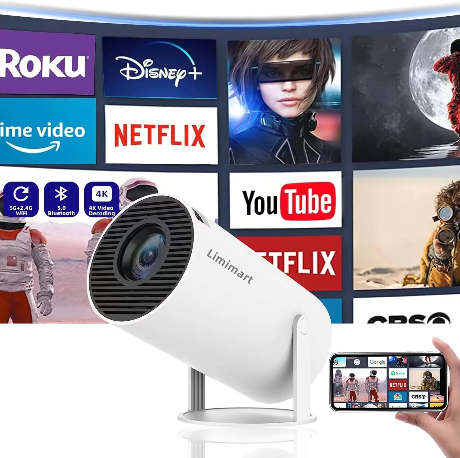 5G WiFi Projector, 4K Support, 5.0 Bluetooth Speaker with 130'' Screen,Auto Keystone Correction, Compatible with Android/iOS/Windows/TV Stick/HDMI/USB/Audio 3.5