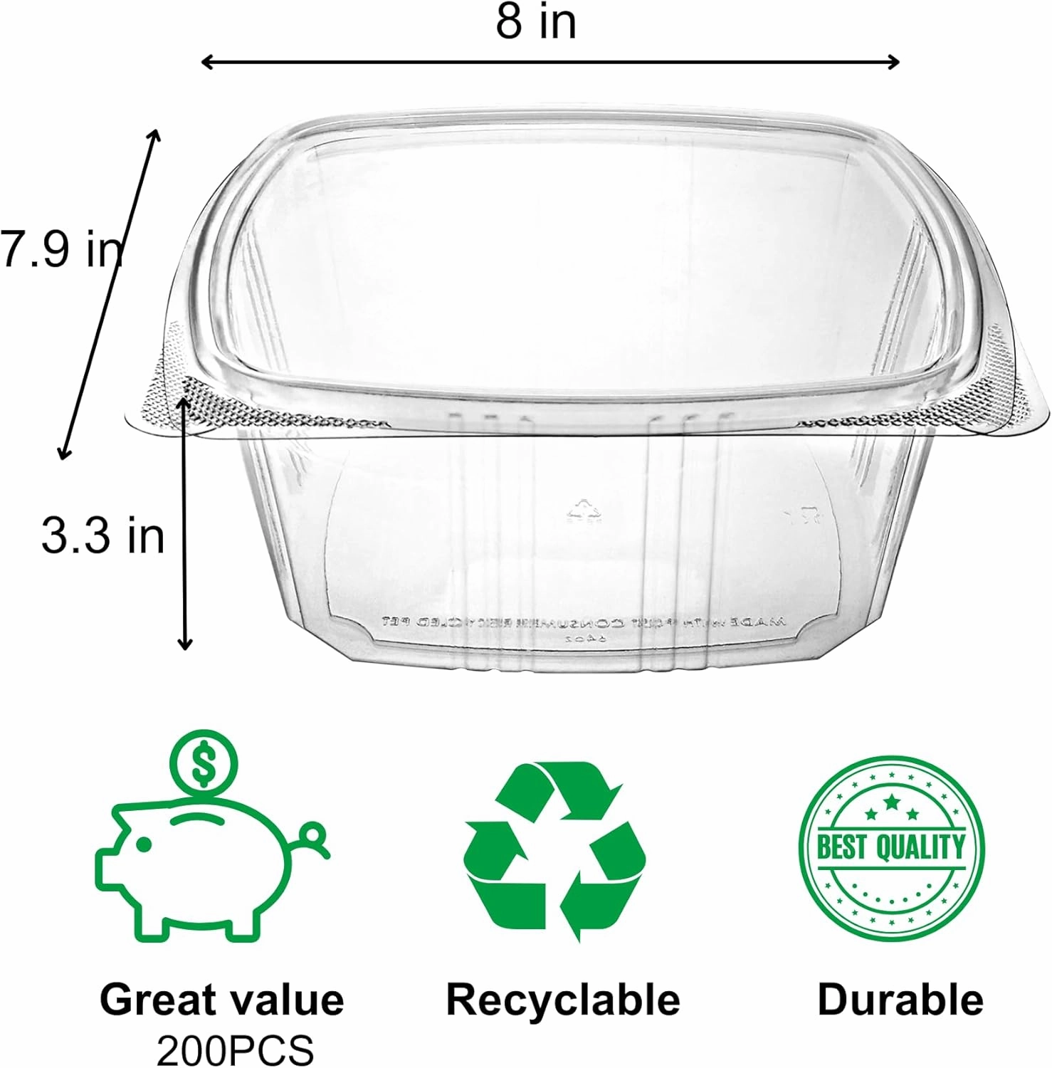 64oz RPET Clear Hinged Lid Deli Container - 200Pcs