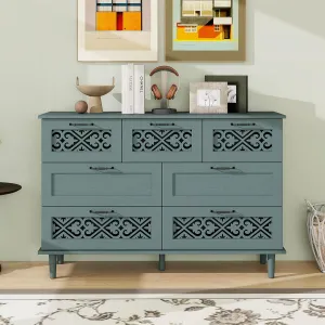 7 Drawer Storage Cabinet: American Style Dark Green Particle Board & MDF - Smooth Slide Rail & Lock-Wall Parts for Bedroom Living Room Study - Spacious Organizer with Carved Symmetrical Panel