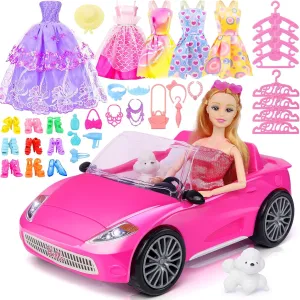 78 Pcs 11.5 Inch Doll Rose Convertible Toy Car Playset, Toys for Kids Including 11.5 in Girl Dolls, Toy Car, 1 Fancy Dress, 3 Regular Dress, 1 Fashion Dress, 71 Doll Accessories