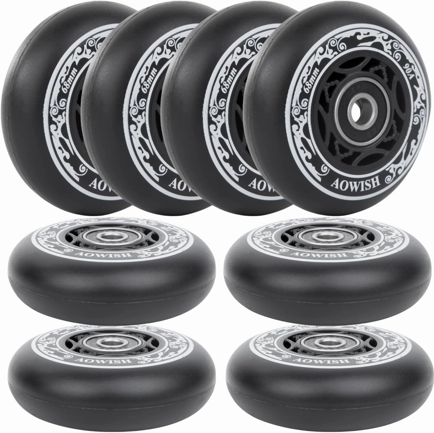 8-Pack 68mm Inline Skate Wheels Outdoor Asphalt Formula Aggressive Roller Blades Wheels 90a Roller Hockey Replacement Wheels with Bearings ABEC-9 and Floating Spacers (Black Color)