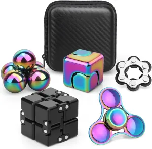 9PCS Fidget Toys Set for Adults, Sensory Pack with Fidget Chain, Infinity Cube, Fidget Spinner Cube, Magnet Rollers, Metal Rainbow Spinner, Stress Relief Desk Gadget for Office, Birthday Gift Set