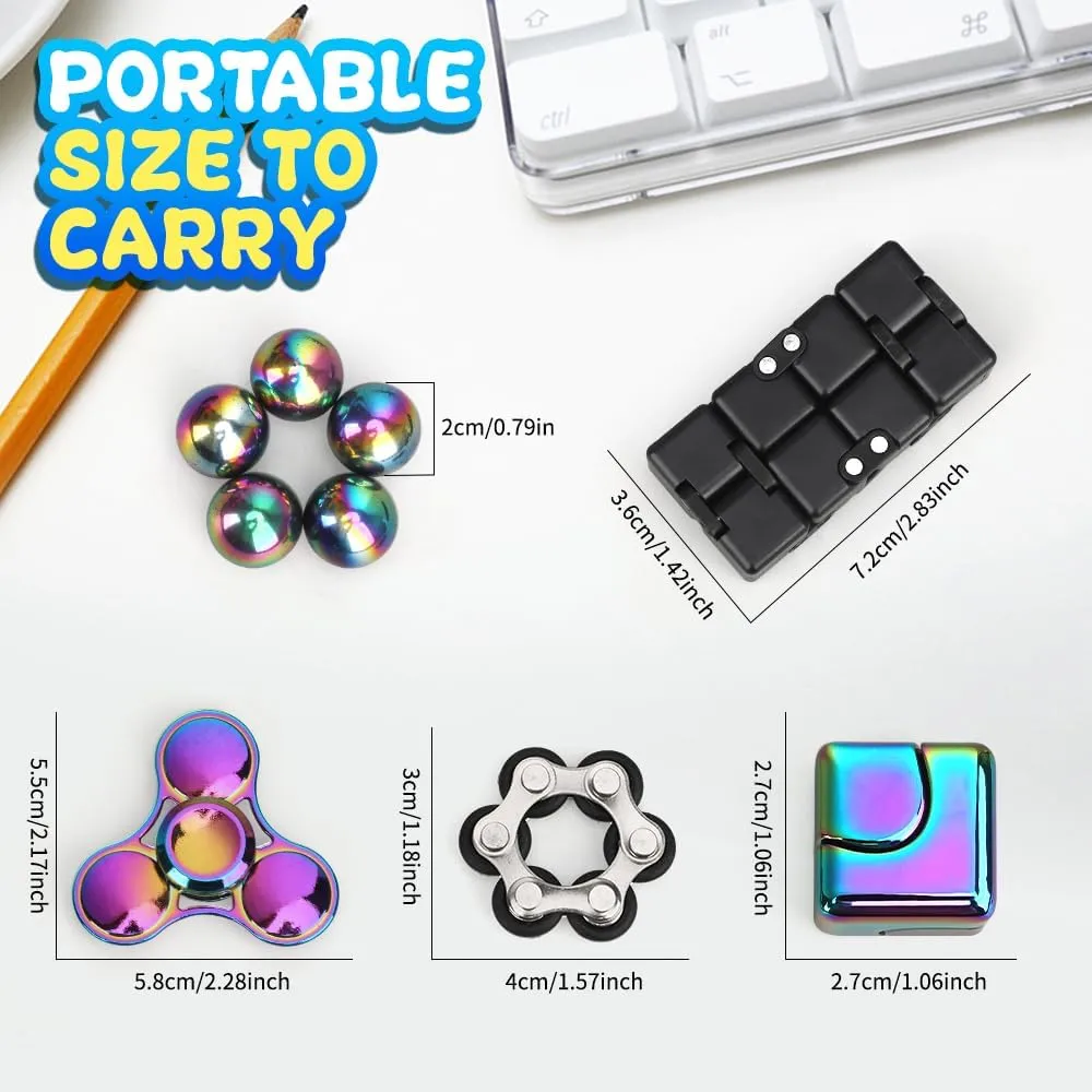 9PCS Fidget Toys Set for Adults, Sensory Pack with Fidget Chain, Infinity Cube, Fidget Spinner Cube, Magnet Rollers, Metal Rainbow Spinner, Stress Relief Desk Gadget for Office, Birthday Gift Set