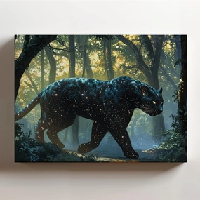 (20 x 16 x 1.25 IN) Gallery Wrapped Canvas Wall Art Print of Futurism of a Celestial Panther with Starry Fur in a Twilight Grove Wall Art - Magical Forest Print Evoking Solitude for - 925UNCAi460803WH