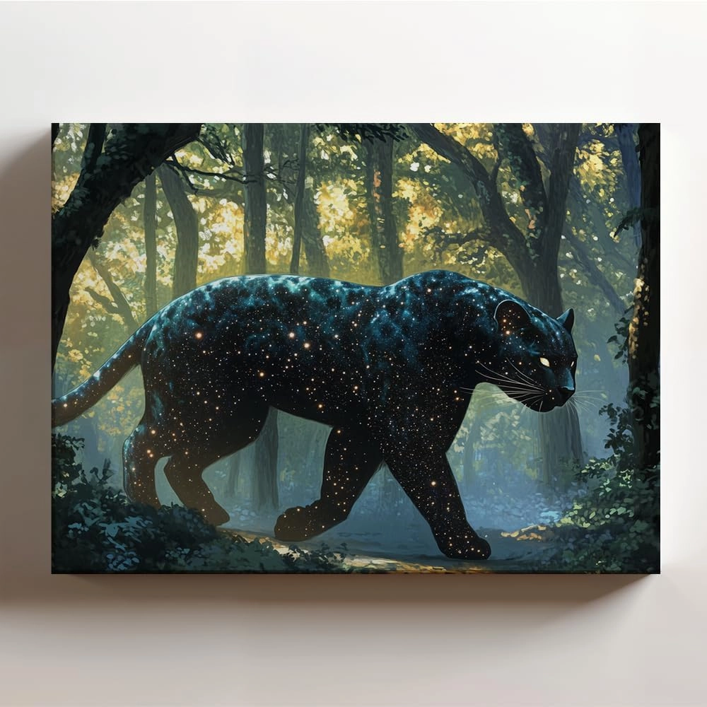 (20 x 16 x 1.25 IN) Gallery Wrapped Canvas Wall Art Print of Futurism of a Celestial Panther with Starry Fur in a Twilight Grove Wall Art - Magical Forest Print Evoking Solitude for - 925UNCAi460803WH