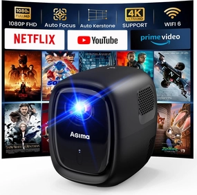 [AI Auto Focus] Smart Projector with WiFi and Bluetooth Auto Correction 1080P 4K Support Mini Projector with Apps & Android TV OS, Stereo Speaker, Portable Projector Home Outdoor, Black