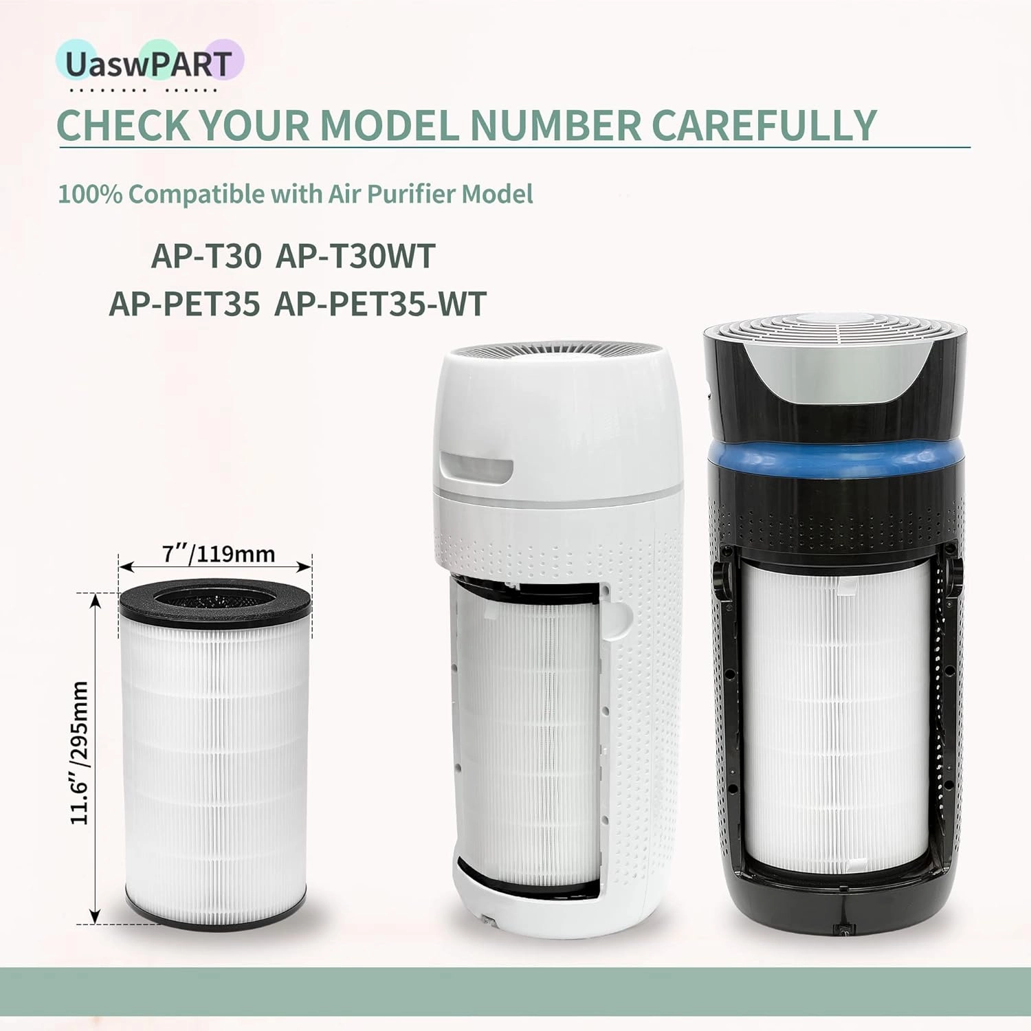 [UPGRADED] AP-PET35-WT AP-T30FL Replacement Filter Compatible with HoMedics Air Pu-rifier Filter, Replacement AP-T30 AP-T30WT AP-PET35 AP-PET35-WT, Part# AP-T30FL AP-PET35FL w/True HEPA, 2-Pack