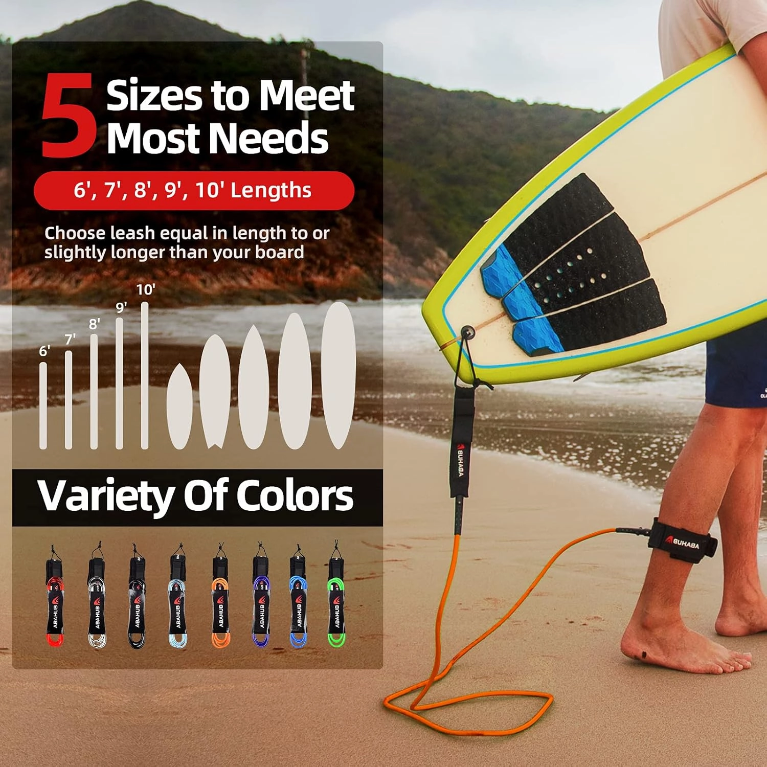 Abahub Premium Surfboard Leash, 6/7/8/9/10 ft, Straight Surf Board Leashes, 6/7mm Legrope Strap for Shortboard, Longboard