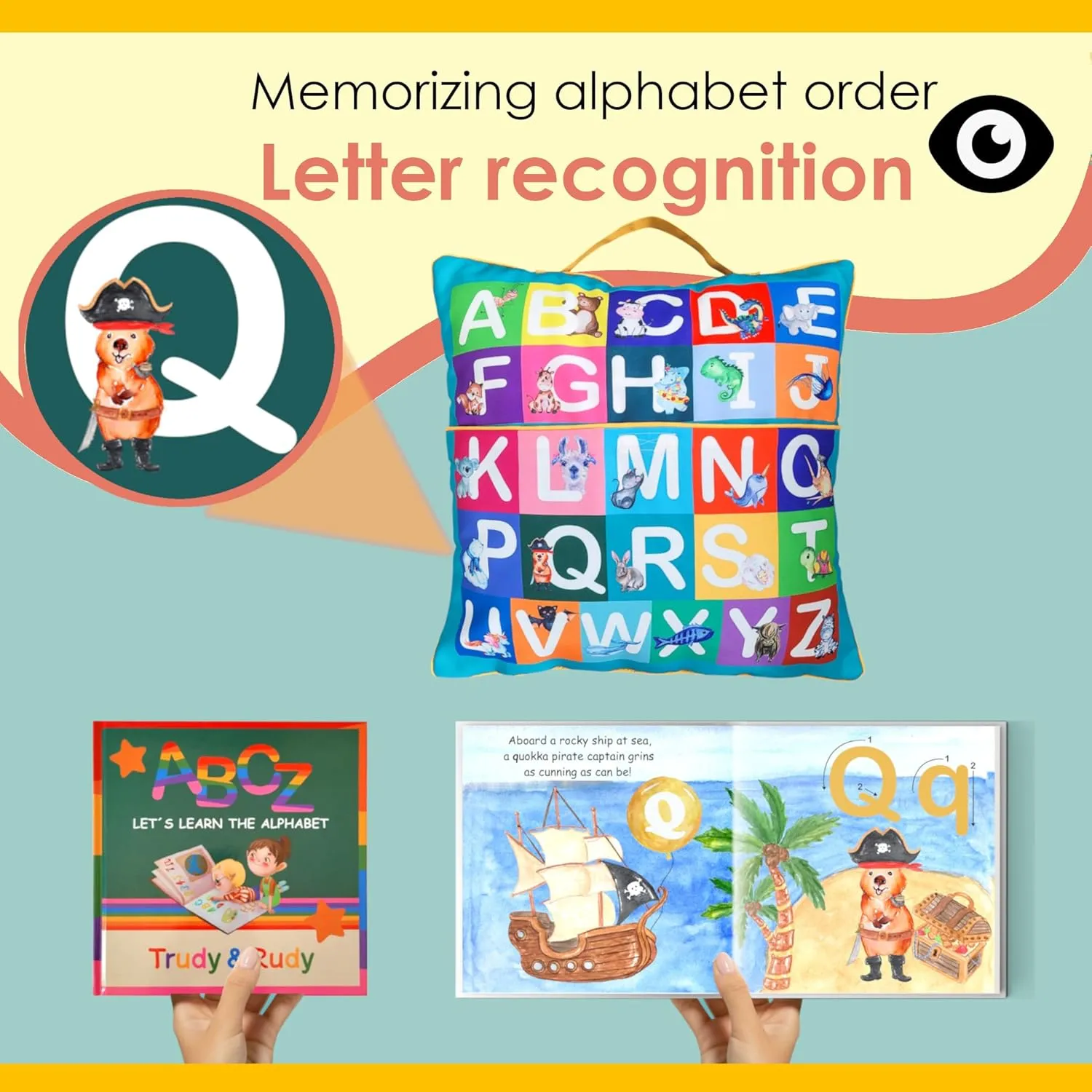 ABC Alphabet Learning Pillow Case and Book with Letter tracing, Early Childhood Education Materials and Activities for Preschooler and Toddler, Learning Toys gift for 3  year old, Turquoise no filling