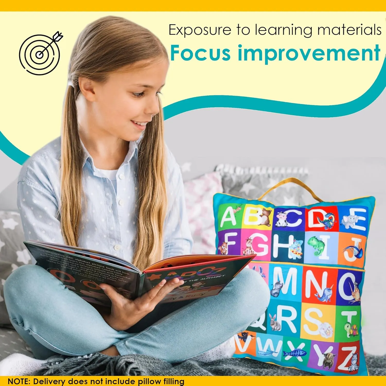 ABC Alphabet Learning Pillow Case and Book with Letter tracing, Early Childhood Education Materials and Activities for Preschooler and Toddler, Learning Toys gift for 3  year old, Turquoise no filling