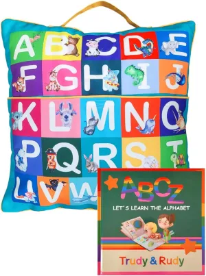 ABC Alphabet Learning Pillow Case and Book with Letter tracing, Early Childhood Education Materials and Activities for Preschooler and Toddler, Learning Toys gift for 3  year old, Turquoise no filling