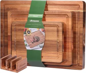 Acacia Wood Cutting Board，Solid Wood Cutting Board Set of 3 with Holder with Deep Juice Grooves & Built-in Handles, Durable Wooden Chopping Board for Kitchen for Meat, Vegetables and Fruits