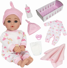 ADORA Rainbow Hugs Doll Set, 13 Inch Baby Doll with Crib Box, Rainbow Print Onesie, Beanie, Pacifier, Diaper, Milk Bottle, and Blanket, for Kids Ages 3 and Up