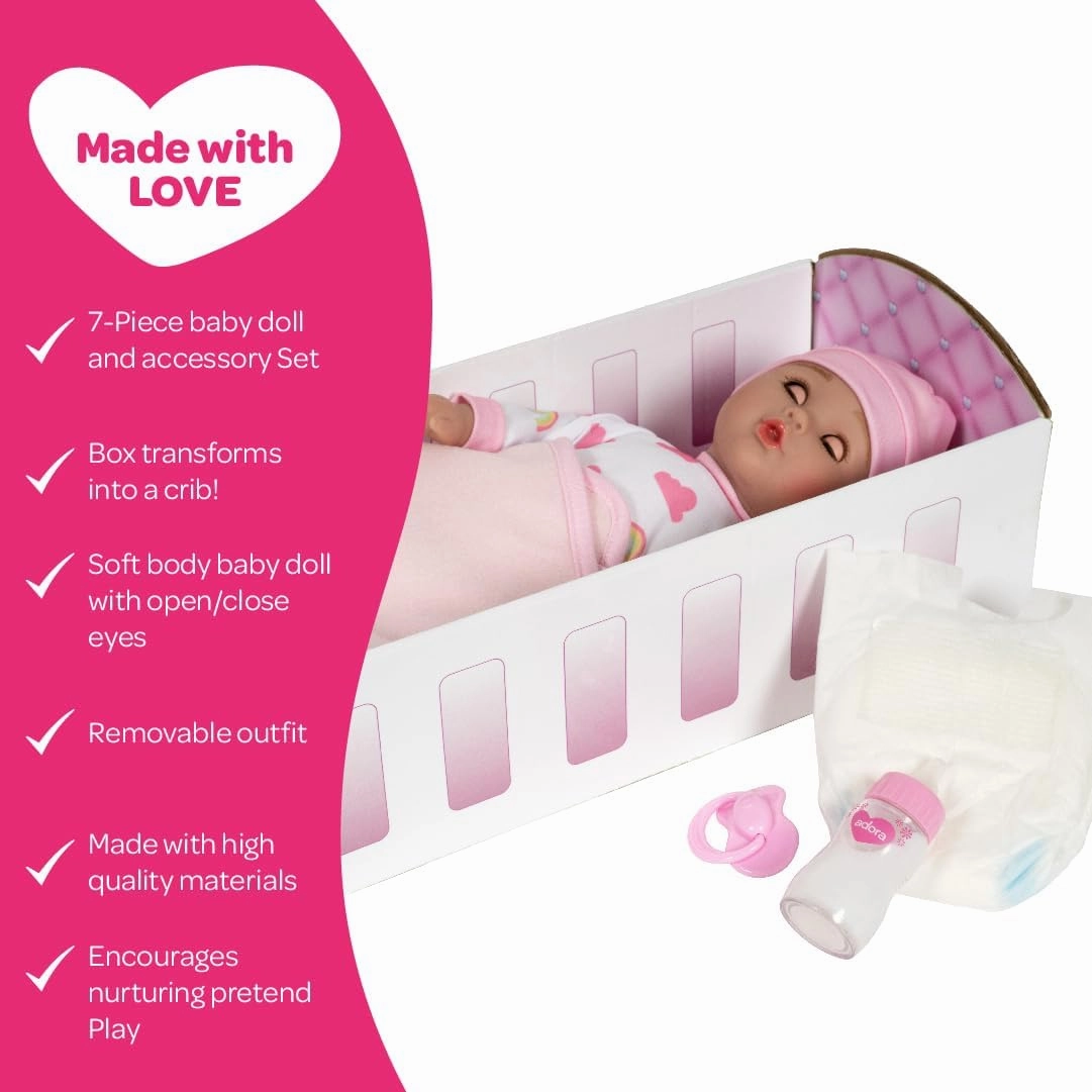 ADORA Rainbow Hugs Doll Set, 13 Inch Baby Doll with Crib Box, Rainbow Print Onesie, Beanie, Pacifier, Diaper, Milk Bottle, and Blanket, for Kids Ages 3 and Up