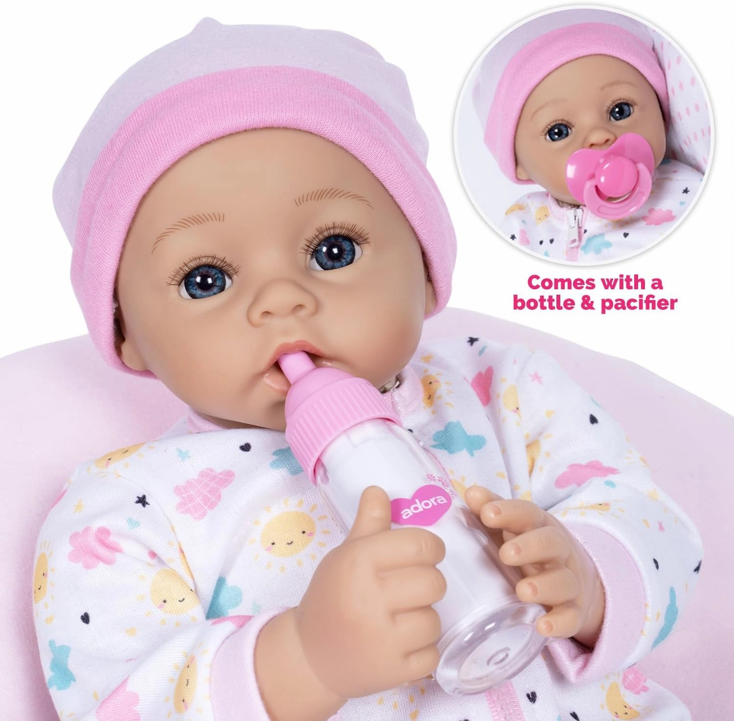 ADORA Sunshine, 14” Realistic Doll with Feeding Pillow Set with Accessories Including Sun-Printed Onesie, Beanie, Pacifier, Feeding Pillow, Diapers and Milk Bottle Birthday Gift for Ages 3 