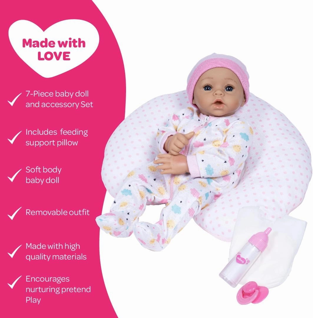 ADORA Sunshine, 14” Realistic Doll with Feeding Pillow Set with Accessories Including Sun-Printed Onesie, Beanie, Pacifier, Feeding Pillow, Diapers and Milk Bottle Birthday Gift for Ages 3 