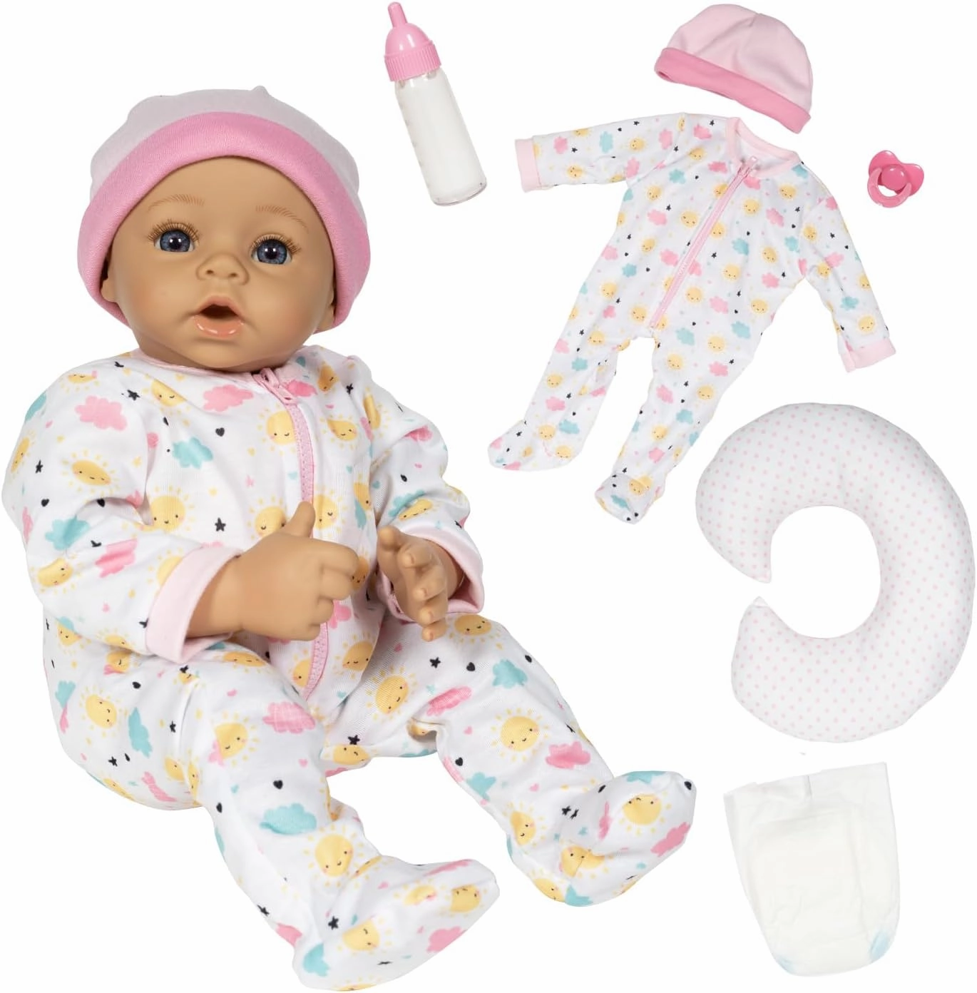ADORA Sunshine, 14” Realistic Doll with Feeding Pillow Set with Accessories Including Sun-Printed Onesie, Beanie, Pacifier, Feeding Pillow, Diapers and Milk Bottle Birthday Gift for Ages 3 