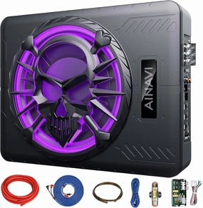 AINAVI 10" Active Slim Under Seat Car Subwoofers - 800W Powered Subwoofer, High/Low-Level Input, Car/Truck Audio Sub Built-in Amplifier Package with Color LED Ambient Light