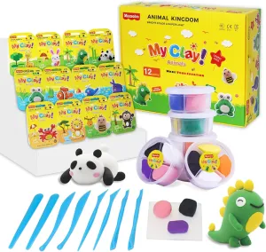 Air Dry Clay for Kids, 12 Animals Modeling Clay Kit with 8 Sculpting Tools and Clear Acrylic Sheet, Soft & Non-Sticky, Safe & Non-Toxic Magic Clays, DIY Arts & Crafts Creative Gift for Boys & Girls