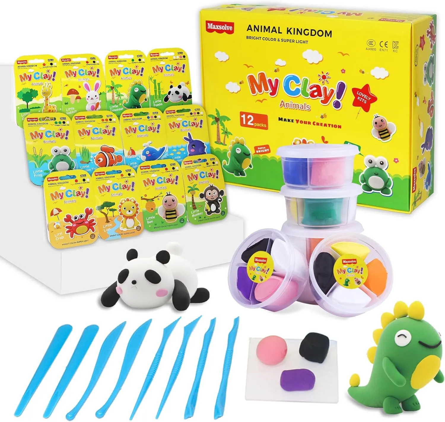 Air Dry Clay for Kids, 12 Animals Modeling Clay Kit with 8 Sculpting Tools and Clear Acrylic Sheet, Soft & Non-Sticky, Safe & Non-Toxic Magic Clays, DIY Arts & Crafts Creative Gift for Boys & Girls