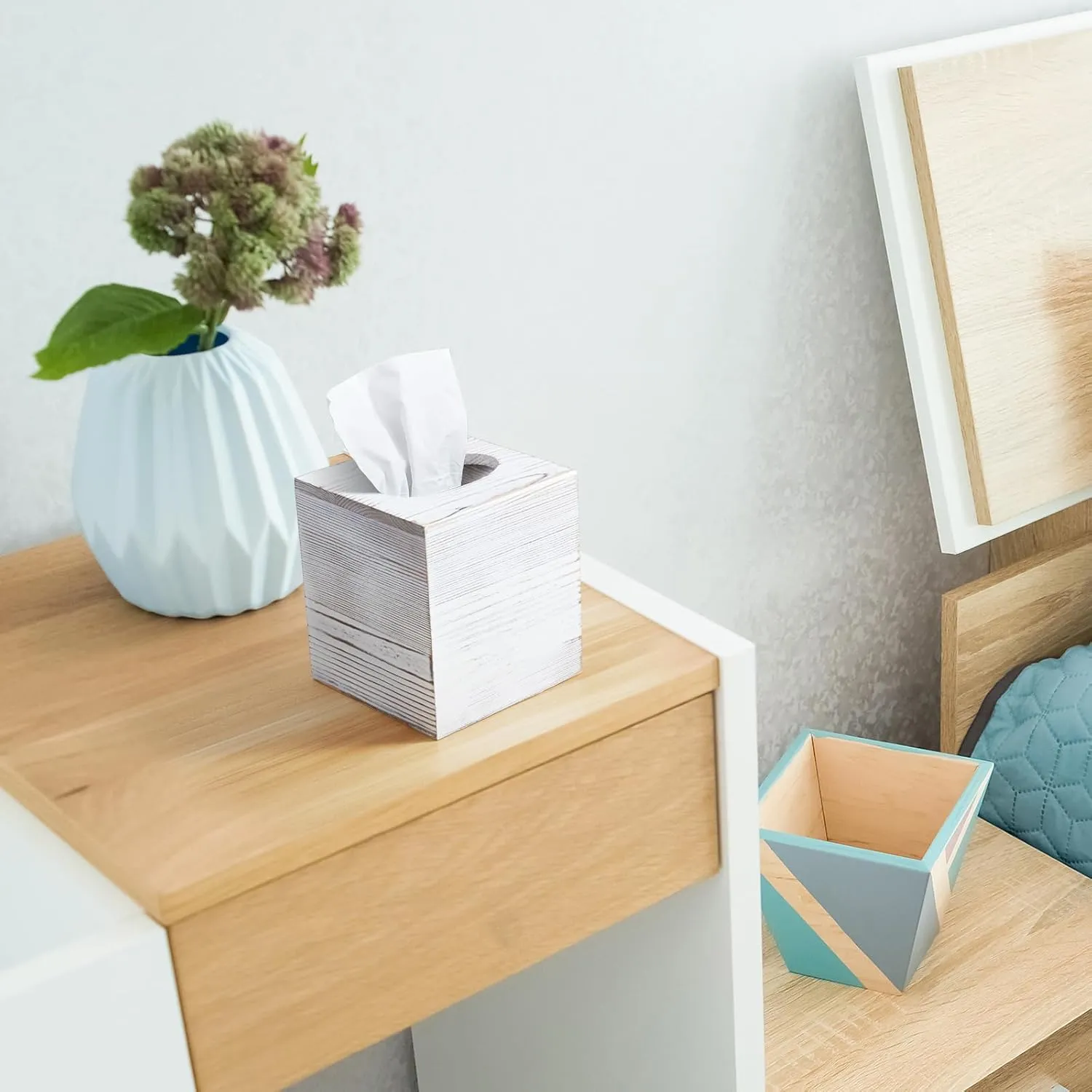 ALELION Rustic Tissue Box Cover Square - Thick Wooden Tissue Box Holder for Tabletop Night Stands Bathroom Office - Decorative White Facial Cube Tissue Box Cover