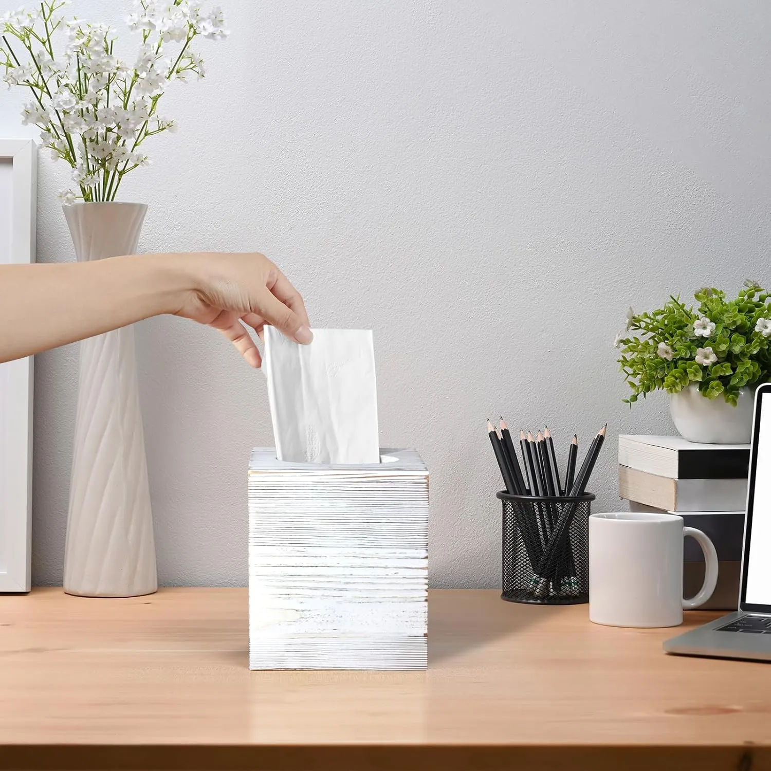 ALELION Rustic Tissue Box Cover Square - Thick Wooden Tissue Box Holder for Tabletop Night Stands Bathroom Office - Decorative White Facial Cube Tissue Box Cover