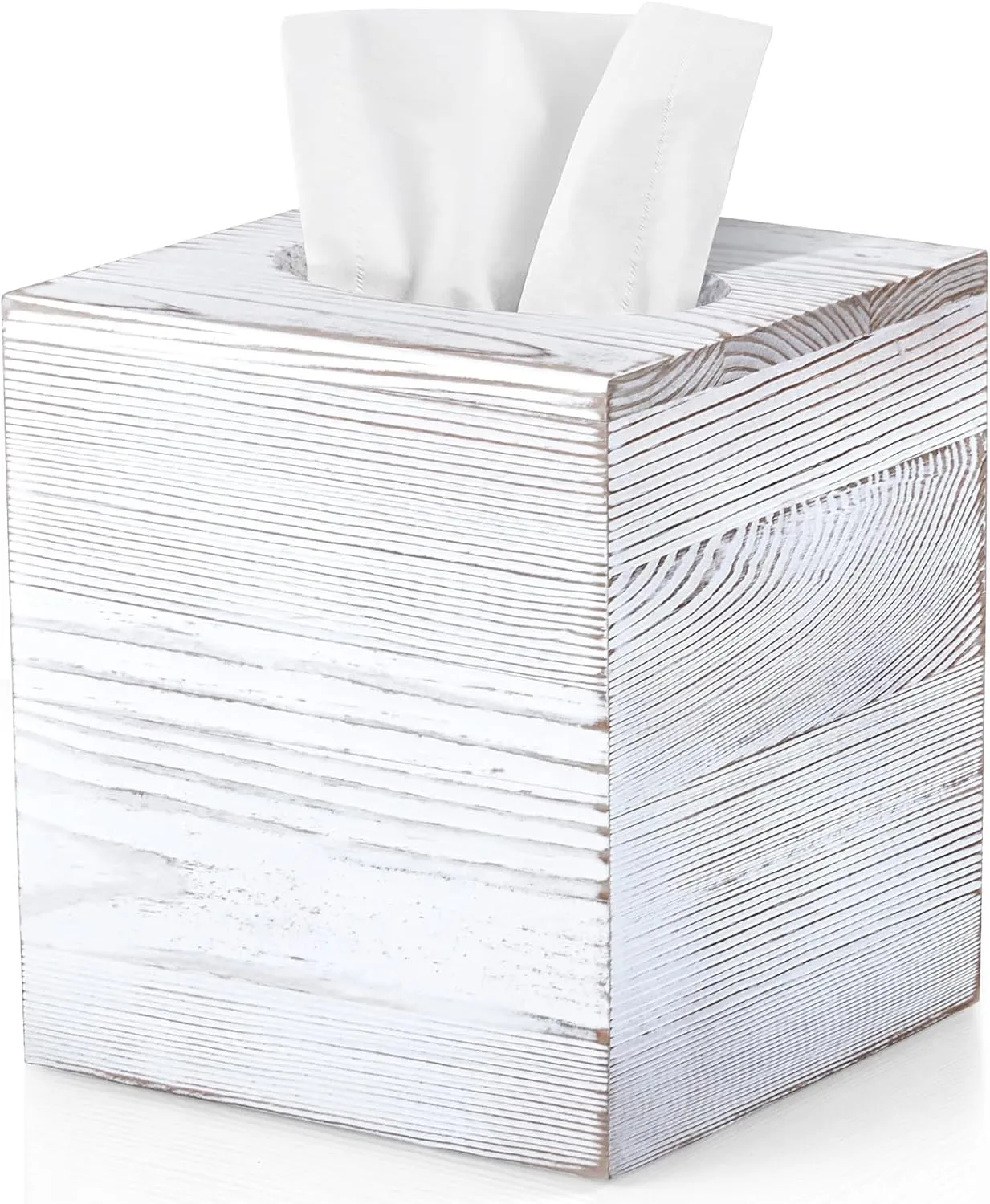 ALELION Rustic Tissue Box Cover Square - Thick Wooden Tissue Box Holder for Tabletop Night Stands Bathroom Office - Decorative White Facial Cube Tissue Box Cover